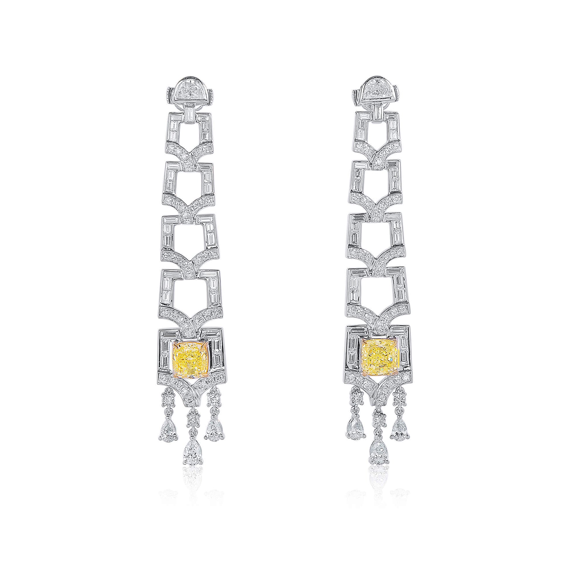 Natural Fancy Yellow Diamond Drop Earrings, 18K White Gold, Cushion Shape, 7.86 Ct. TW