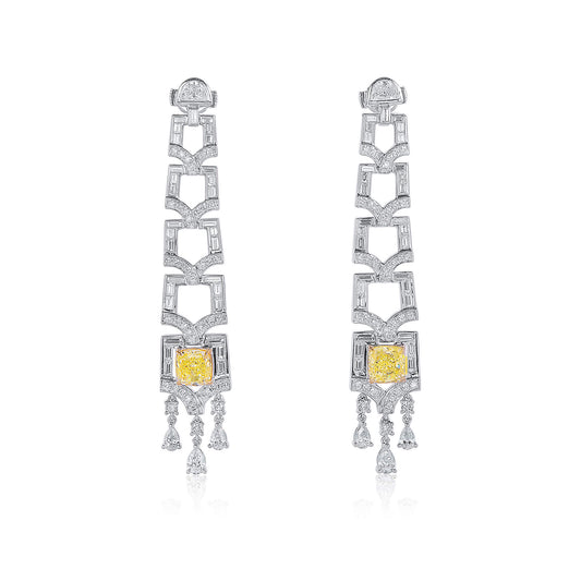 Natural Fancy Yellow Diamond Drop Earrings, 18K White Gold, Cushion Shape, 7.86 Ct. TW