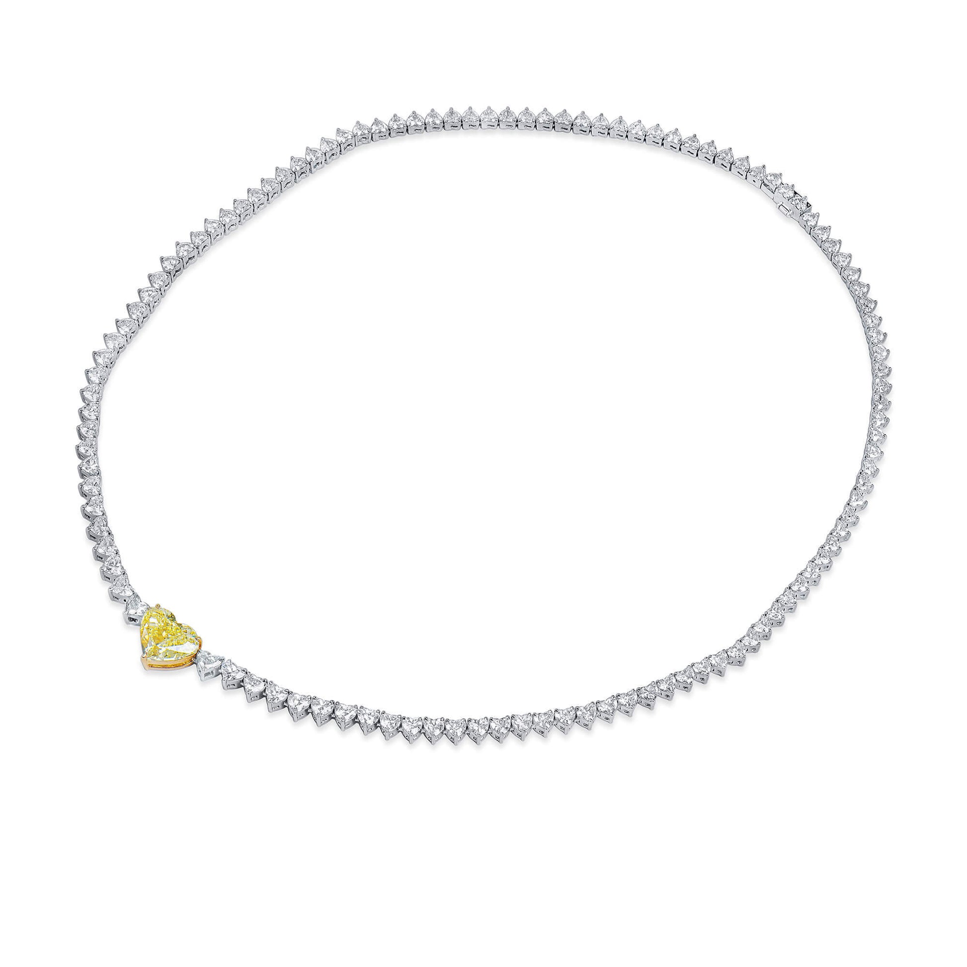 Natural White and Fancy Yellow Diamond Tennis Necklace, 18K White & Yellow Gold, Heart Shape, 16.73 Ct. TW
