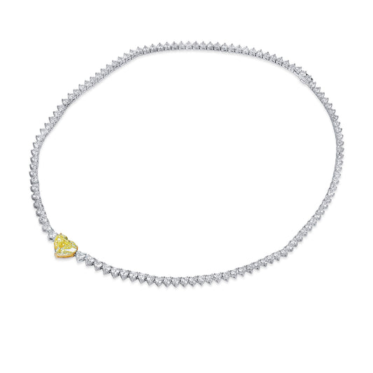 Natural White and Fancy Yellow Diamond Tennis Necklace, 18K White & Yellow Gold, Heart Shape, 16.73 Ct. TW