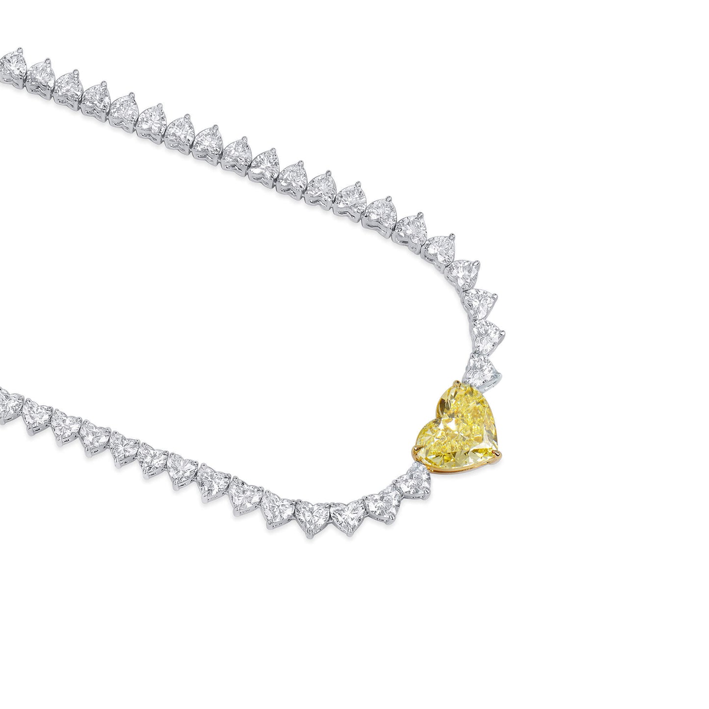 Natural White and Fancy Yellow Diamond Tennis Necklace, 18K White & Yellow Gold, Heart Shape, 16.73 Ct. TW