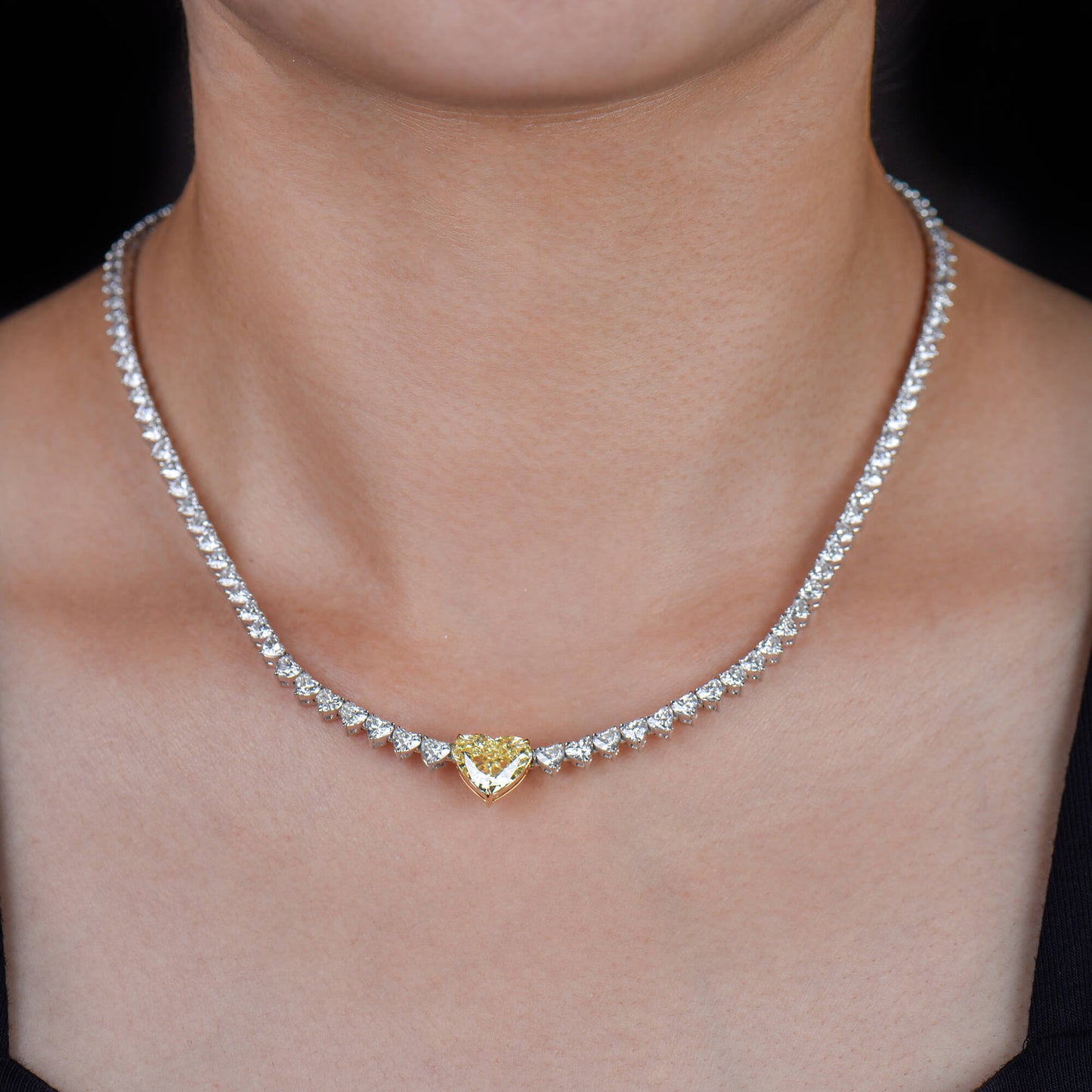 Natural White and Fancy Yellow Diamond Tennis Necklace, 18K White & Yellow Gold, Heart Shape, 16.73 Ct. TW
