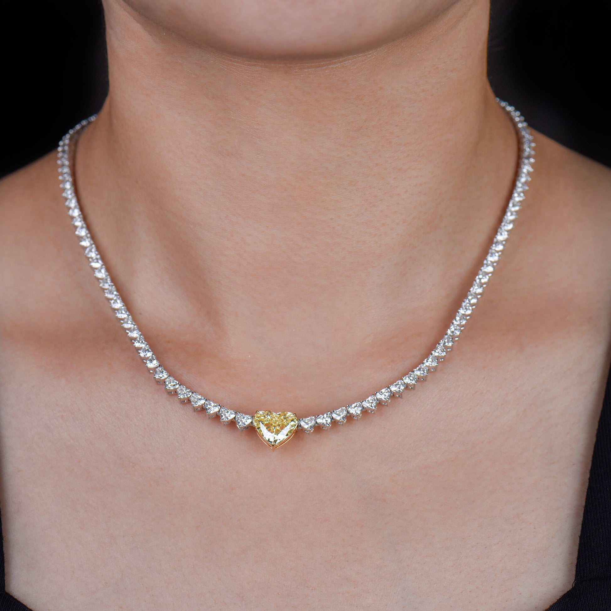 Natural White and Fancy Yellow Diamond Tennis Necklace, 18K White & Yellow Gold, Heart Shape, 16.73 Ct. TW
