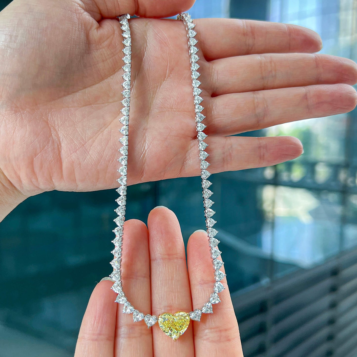 Natural White and Fancy Yellow Diamond Tennis Necklace, 18K White & Yellow Gold, Heart Shape, 16.73 Ct. TW