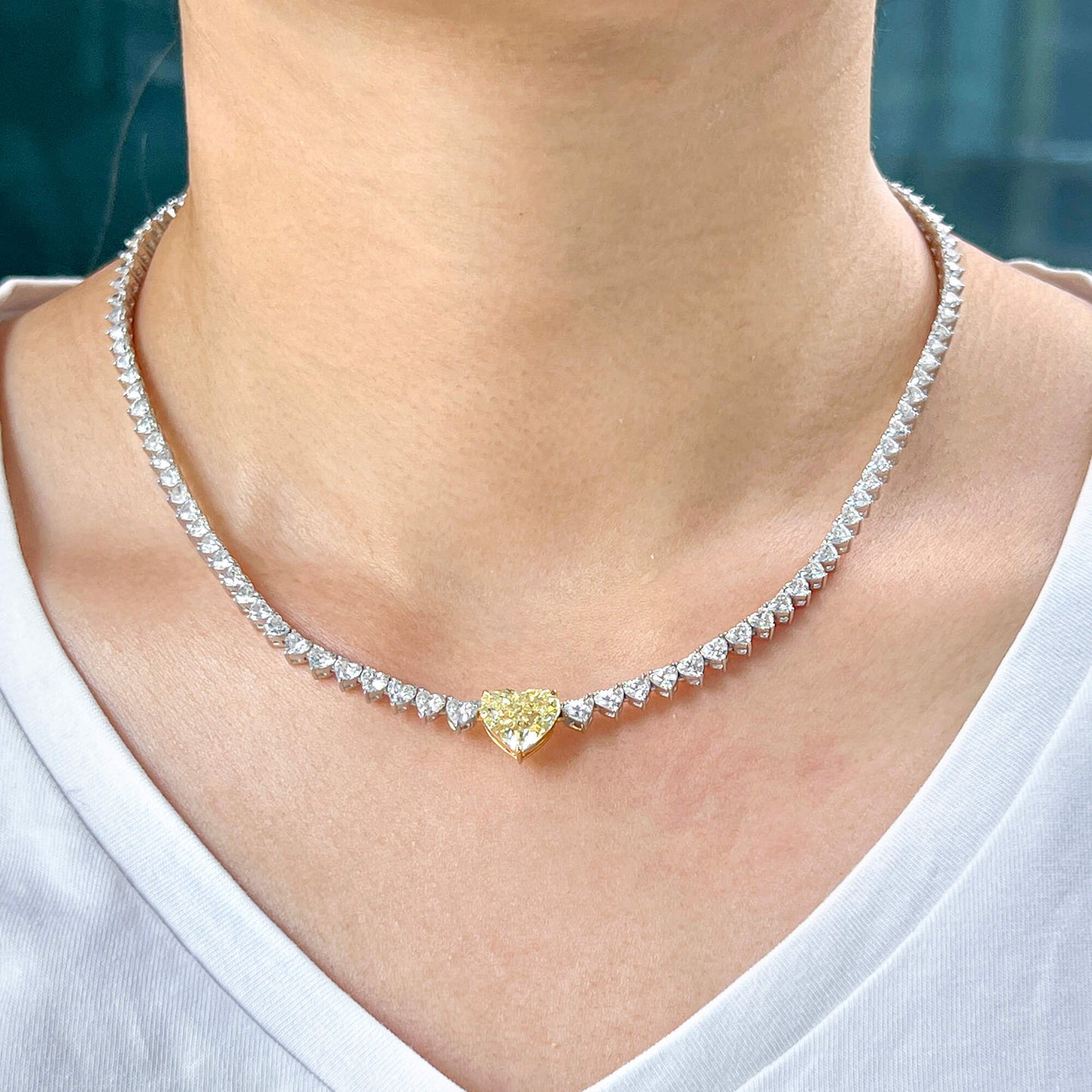 Natural White and Fancy Yellow Diamond Tennis Necklace, 18K White & Yellow Gold, Heart Shape, 16.73 Ct. TW