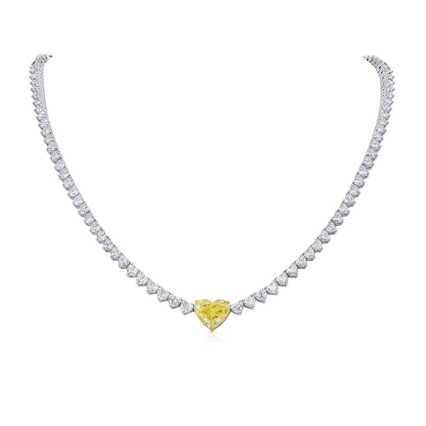 Natural White and Fancy Yellow Diamond Tennis Necklace, 18K White & Yellow Gold, Heart Shape, 16.73 Ct. TW