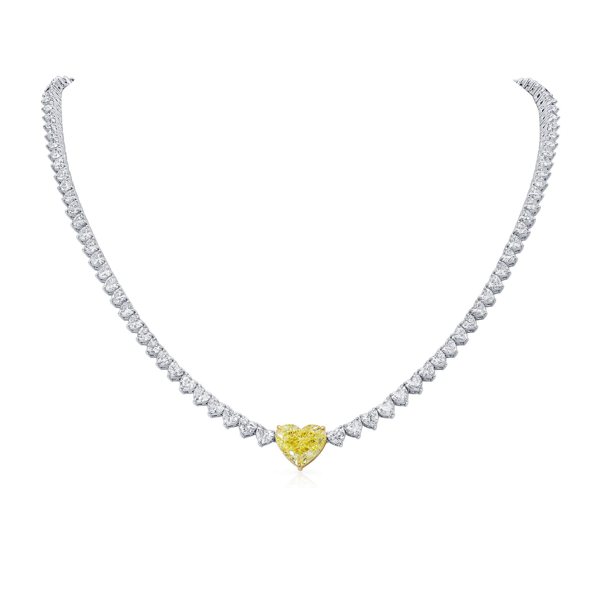 Natural White and Fancy Yellow Diamond Tennis Necklace, 18K White & Yellow Gold, Heart Shape, 16.73 Ct. TW