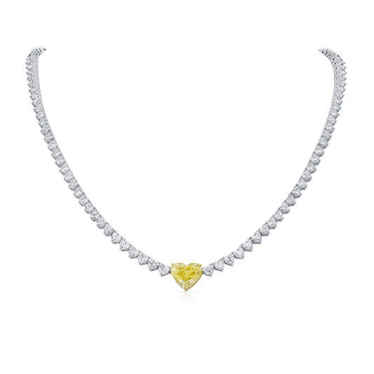 Natural White and Fancy Yellow Diamond Tennis Necklace, 18K White & Yellow Gold, Heart Shape, 16.73 Ct. TW