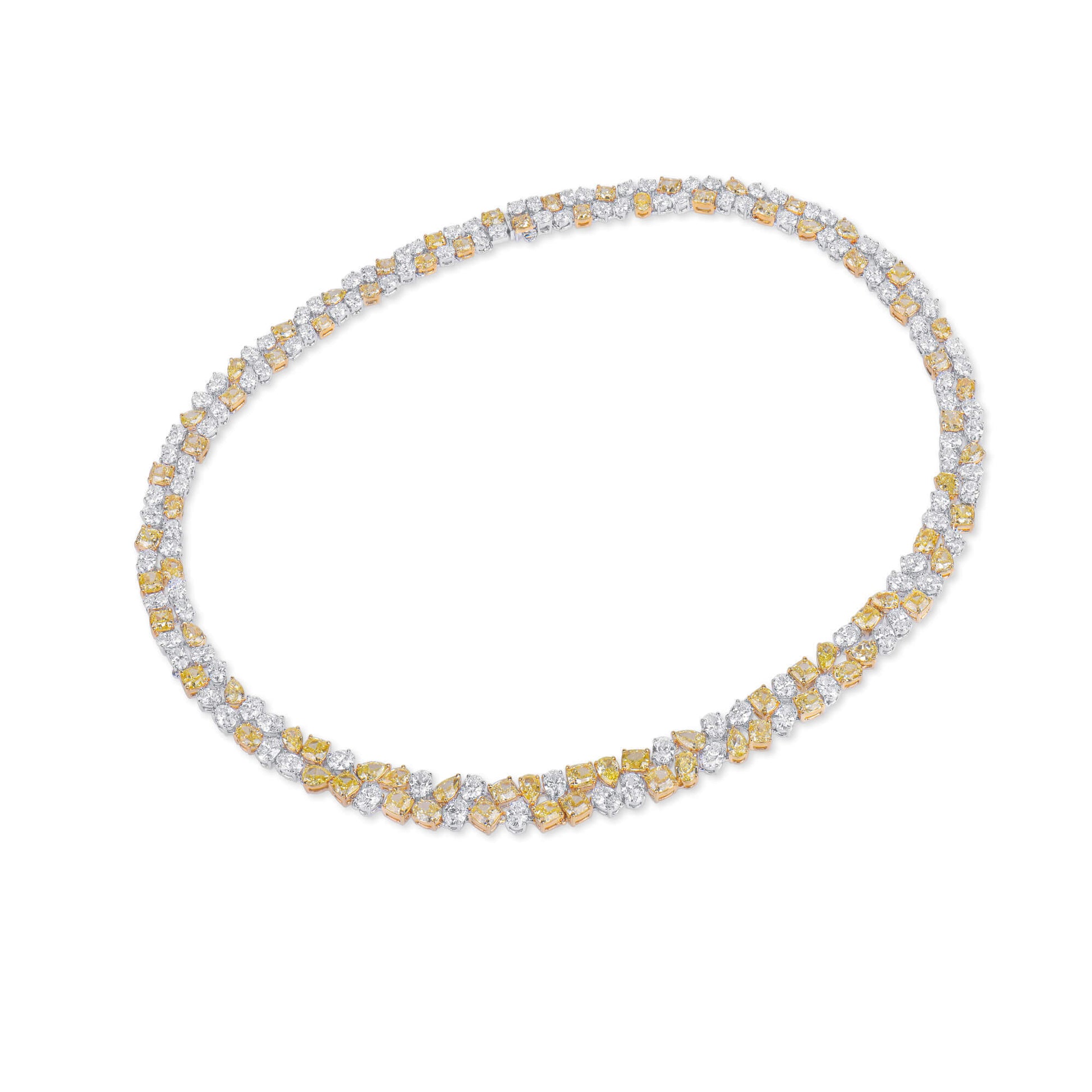 Fancy Yellow And White Diamond Necklace, 18K White Gold, 41.83 Ct. TW, Mix shape