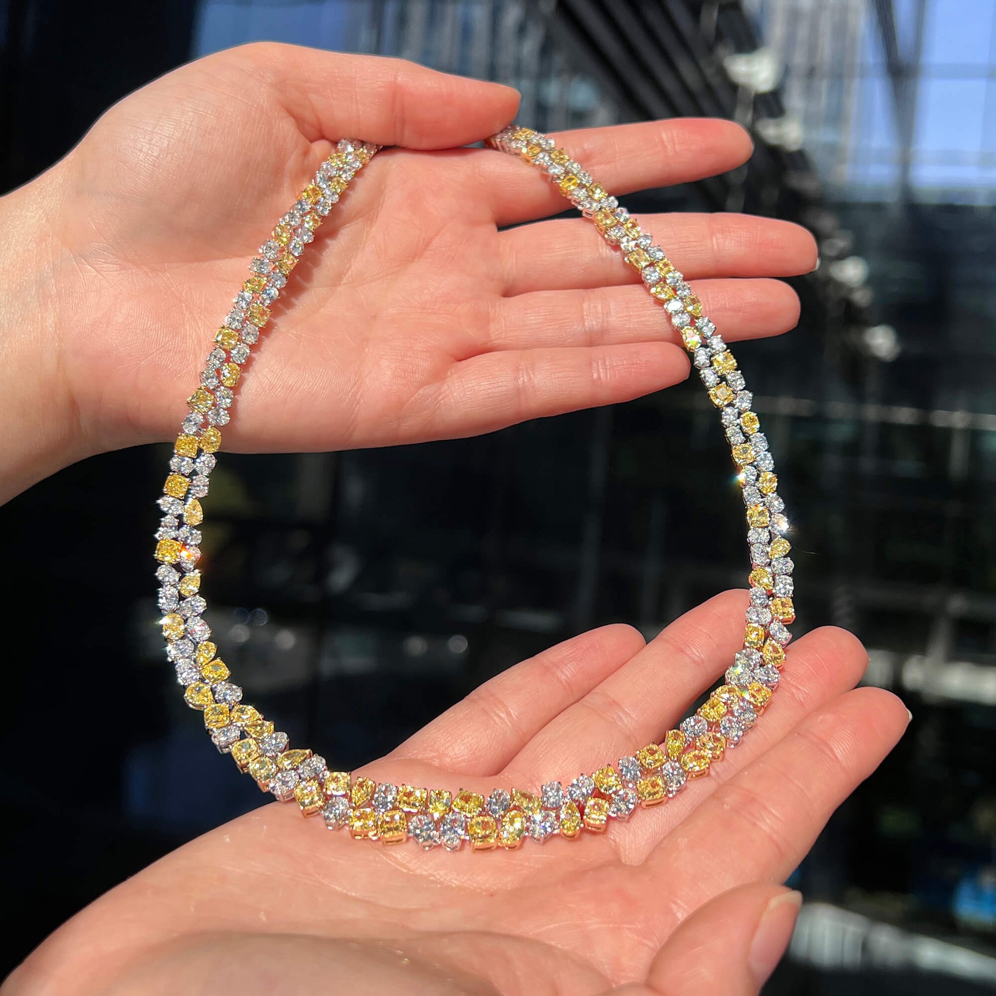 Natural 41.83 Ct. TW Fancy Yellow & White Diamond Necklace, 18K White & Yellow Gold
