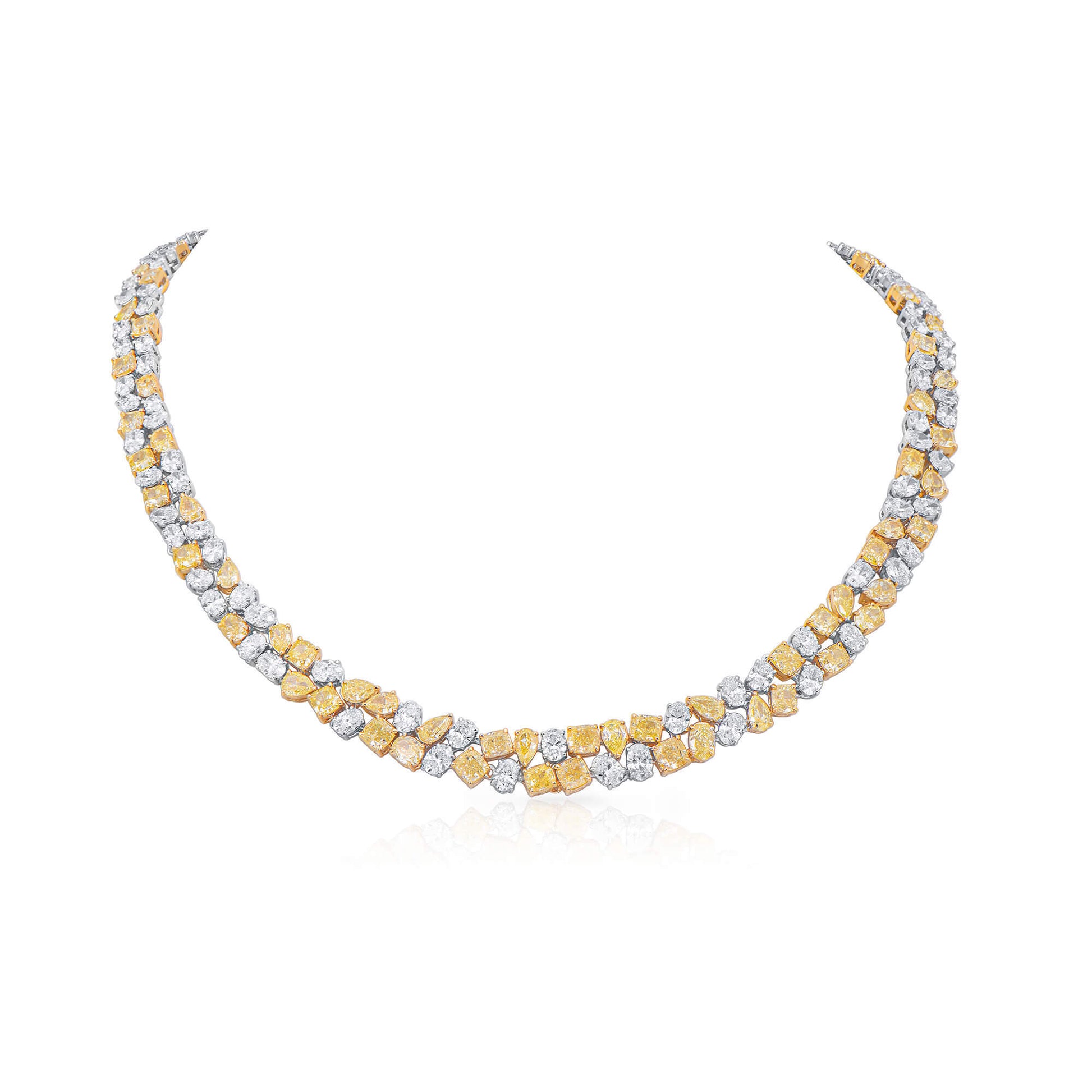 Fancy Yellow And White Diamond Necklace, 18K White Gold, 41.83 Ct. TW, Mix shape