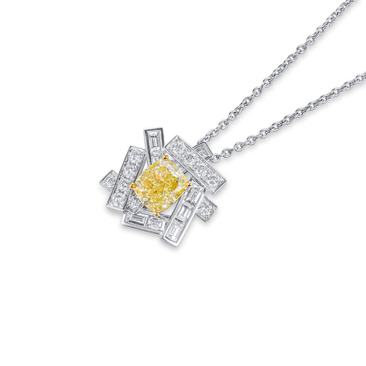 Natural Fancy Yellow Diamond Pendant, 18K White Gold, Cushion Shape, 4.55 Ct. TW