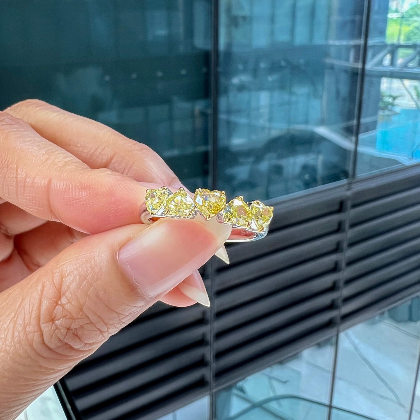 Natural Fancy Yellow Diamond Full Eternity Ring, 18K White Gold, Heart Shape, 1.54 Ct. TW