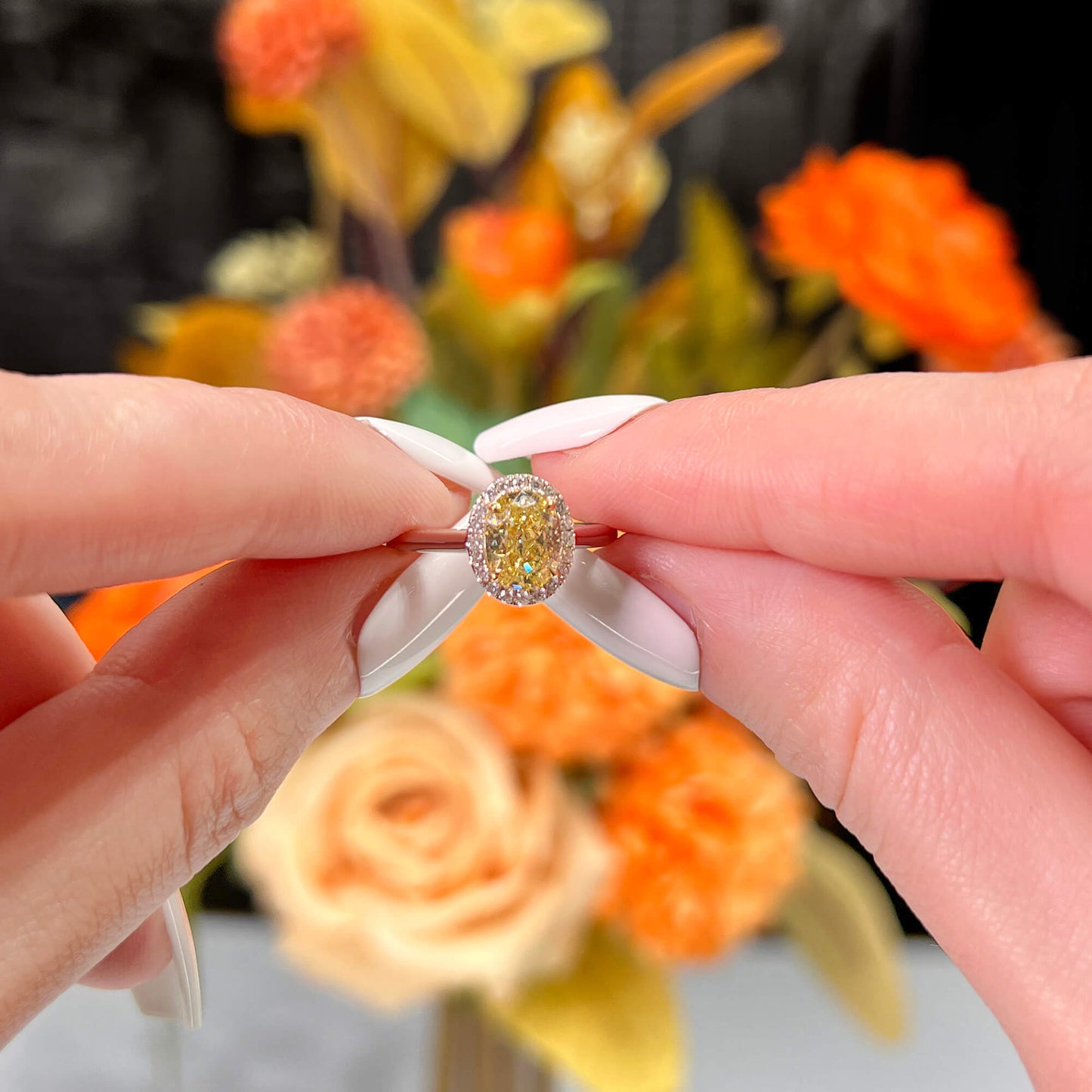 Natural Display Color Diamond Halo Ring, 18K White Gold, Oval Shape, 1.70 Ct. TW