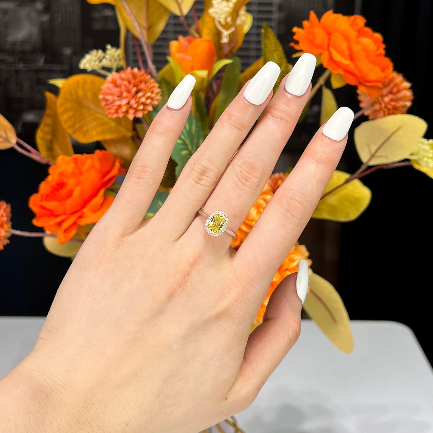 Natural Display Color Diamond Halo Ring, 18K White Gold, Oval Shape, 1.70 Ct. TW