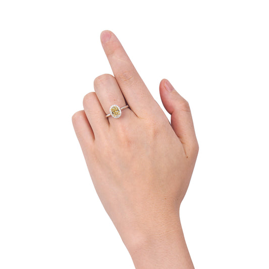 Natural Fancy Yellow Diamond Halo Ring, 18K White Gold, Oval Shape, 1.71 Ct. TW