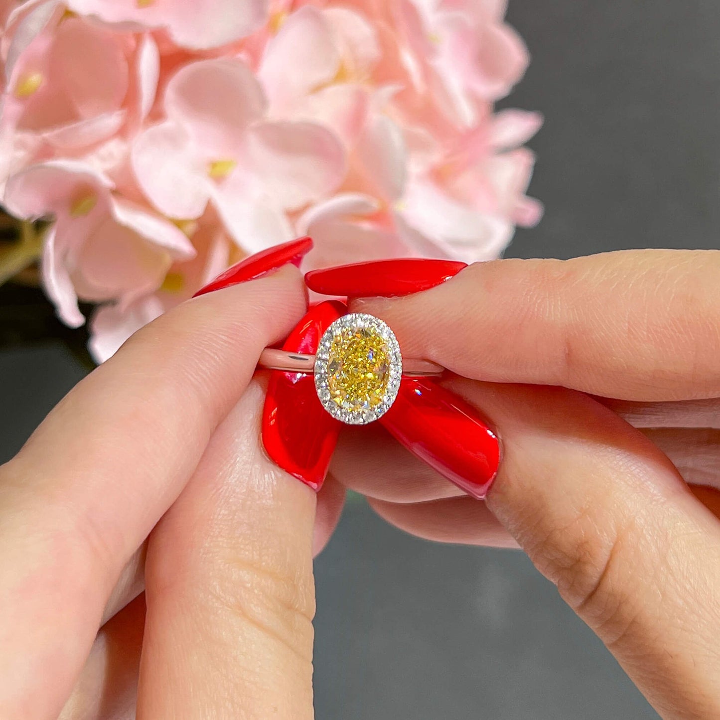 Natural Fancy Yellow Diamond Halo Ring, 18K White Gold, Oval Shape, 1.71 Ct. TW