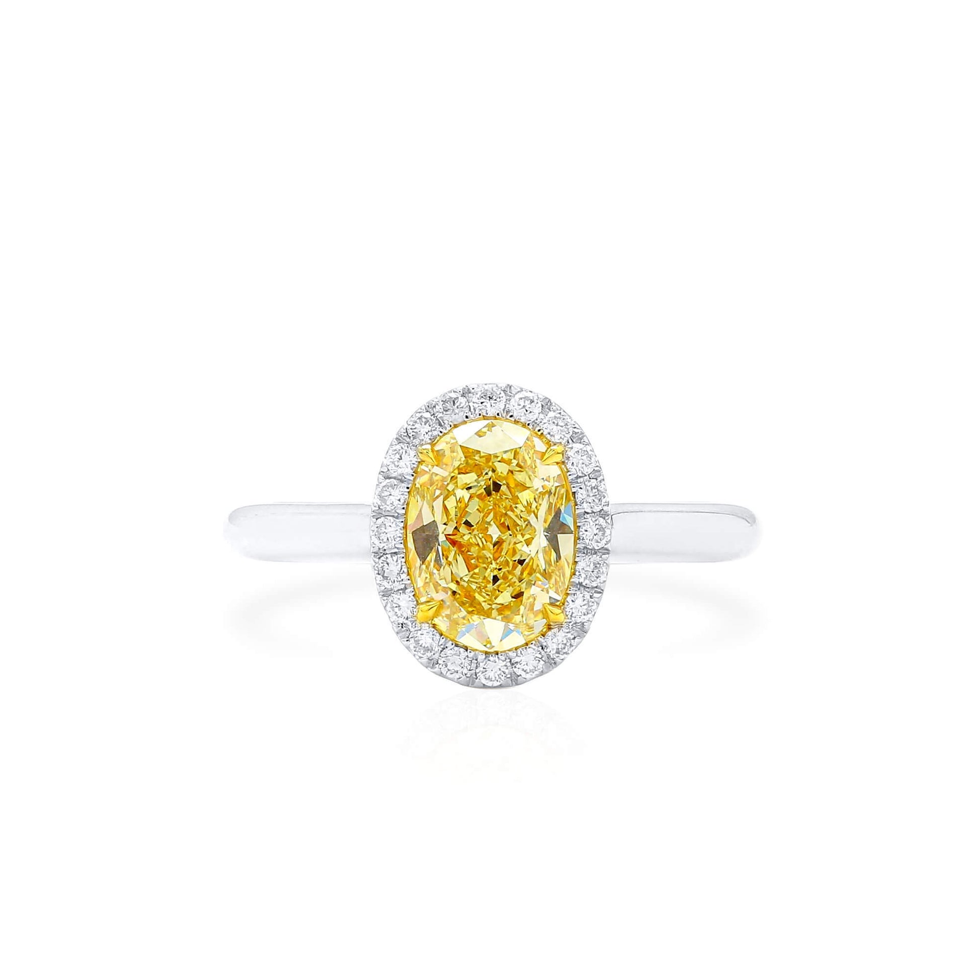 Natural Fancy Yellow Diamond Halo Ring, 18K White Gold, Oval Shape, 1.71 Ct. TW