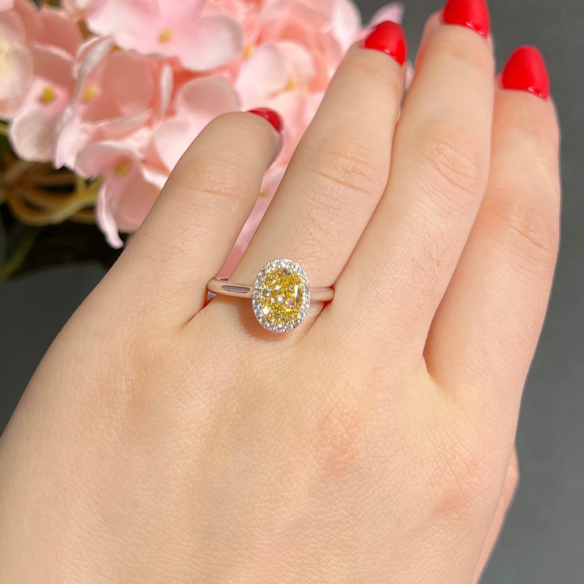 Natural Fancy Yellow Diamond Halo Ring, 18K White Gold, Oval Shape, 1.71 Ct. TW