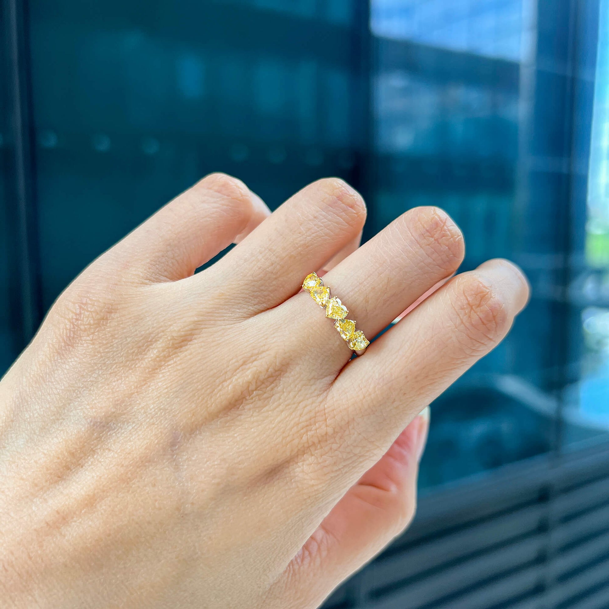 Natural Fancy Yellow Diamond Half Eternity Ring, 18K White Gold, Heart Shape, 1.85 Ct. TW