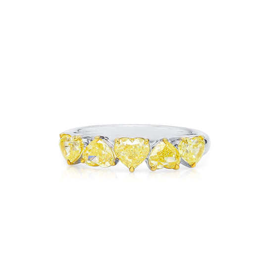Natural Fancy Yellow Diamond Half Eternity Ring, 18K White Gold, Heart Shape, 1.85 Ct. TW