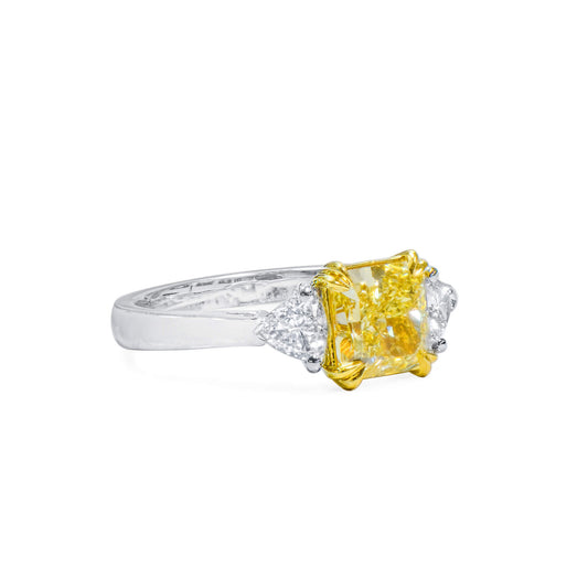 Natural Fancy Yellow Diamond Three Stone Ring, Radiant Shape, 2.04 Ct. TW