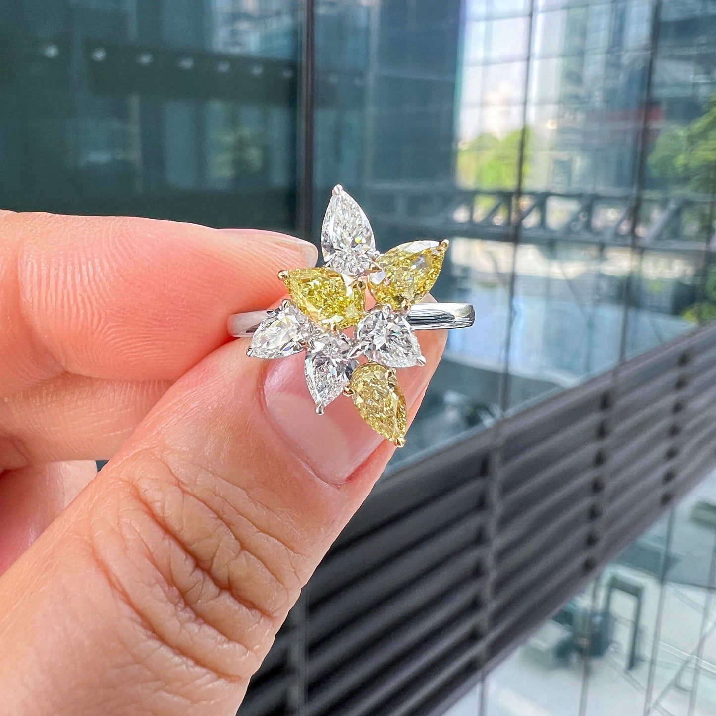 Natural Fancy Yellow and White Diamond Ring, 18K White Gold, Pear Shape, 2.06 Ct. TW