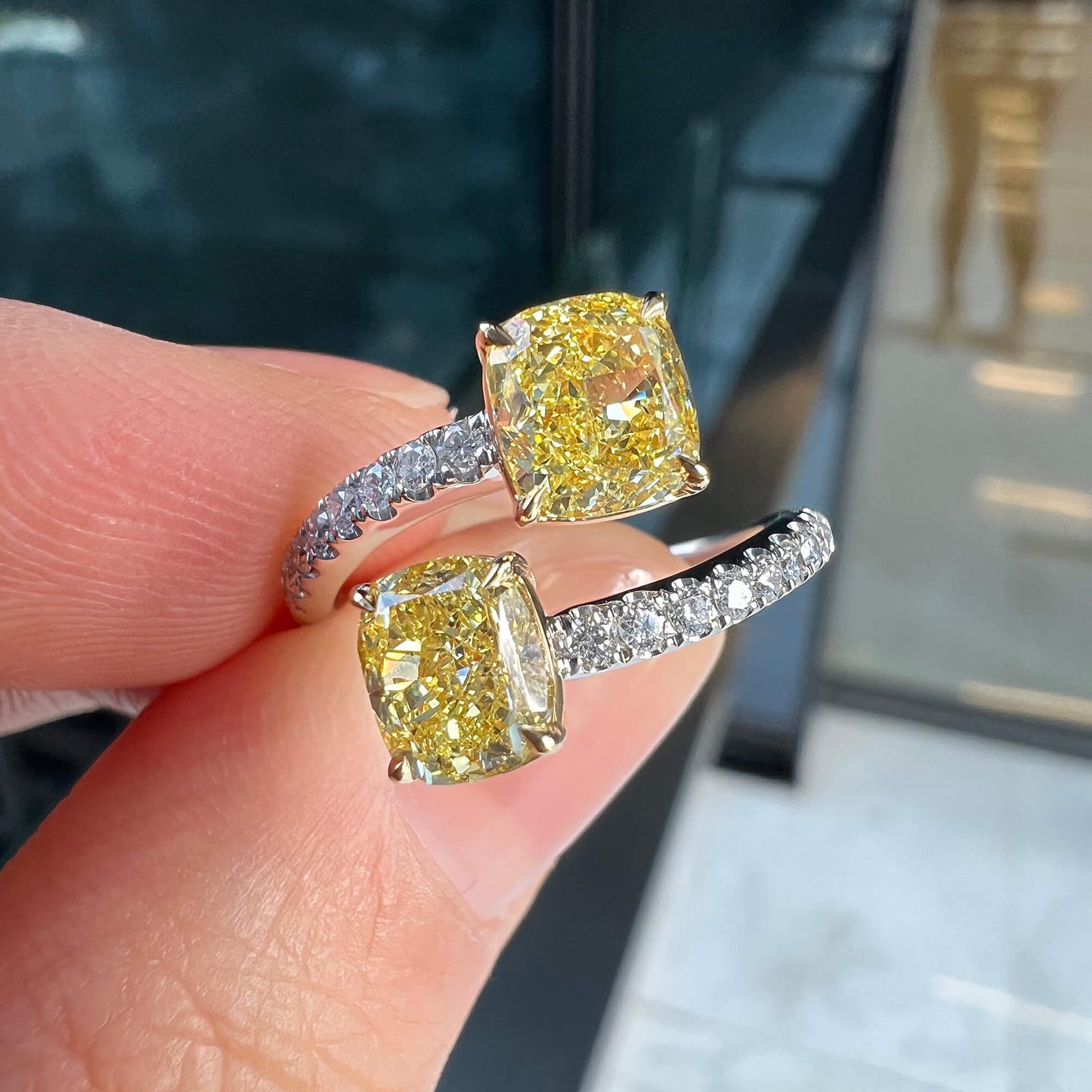 Natural Fancy Yellow Diamond Ring, 18K White & Yellow Gold, Cushion Shape, 2.25 Ct. TW