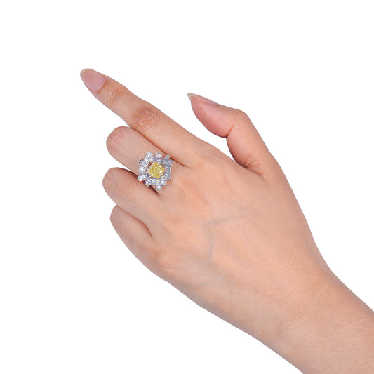 Natural Fancy Yellow Diamond Ring, 18K White Gold, Cushion Shape, 4.93 Ct. TW