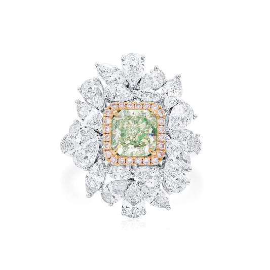 Natural Fancy Yellow Green Diamond Ring, 18K White Gold, Radiant Shape, 4.59 Ct. TW