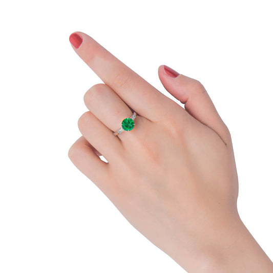 Natural Green Colombian Emerald Three Stone Ring, 18K White Gold, Round Shape, 2.38 Ct. TW