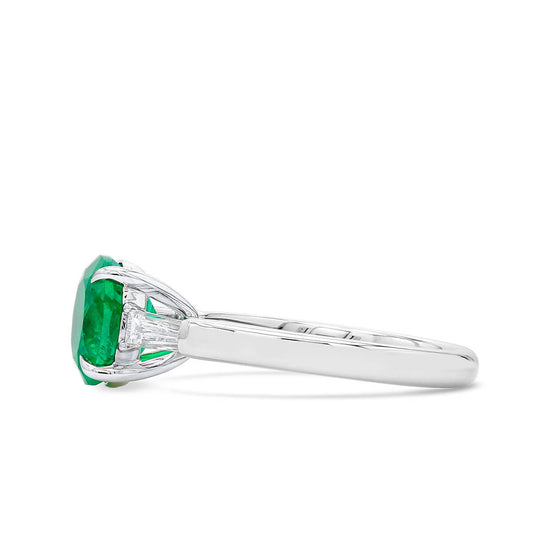 Natural Green Colombian Emerald Three Stone Ring, 18K White Gold, Round Shape, 2.38 Ct. TW