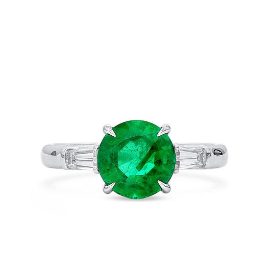 Natural Green Colombian Emerald Three Stone Ring, 18K White Gold, Round Shape, 2.38 Ct. TW