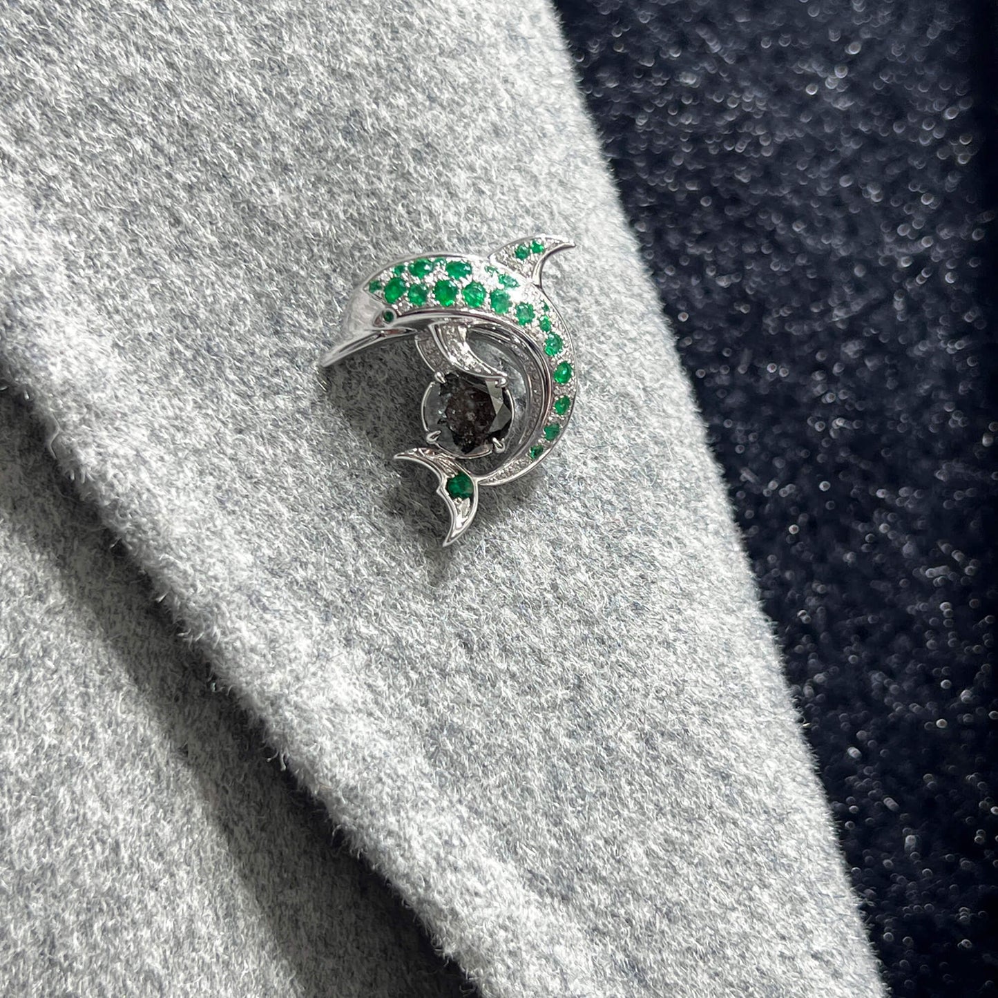 Natural Emerald And Diamond Dolphin Brooch, 14K White Gold, 1.99 Ct. TW