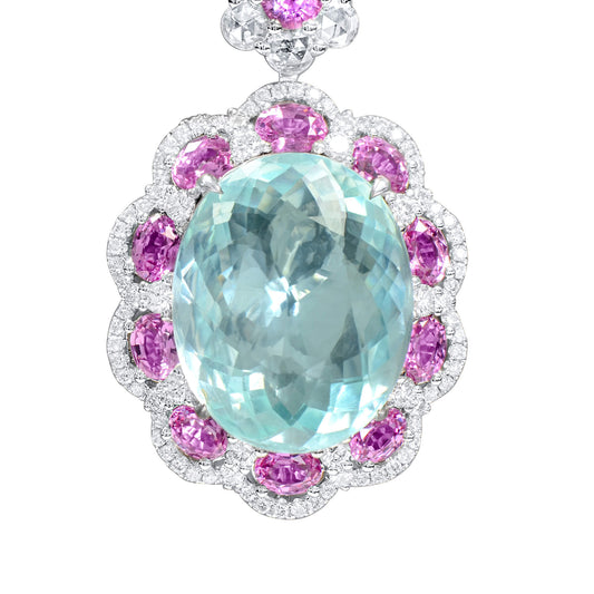 Natural Greenish Blue Paraiba Necklace, 18K White Gold, Oval Shape, 23.96 Ct. TW