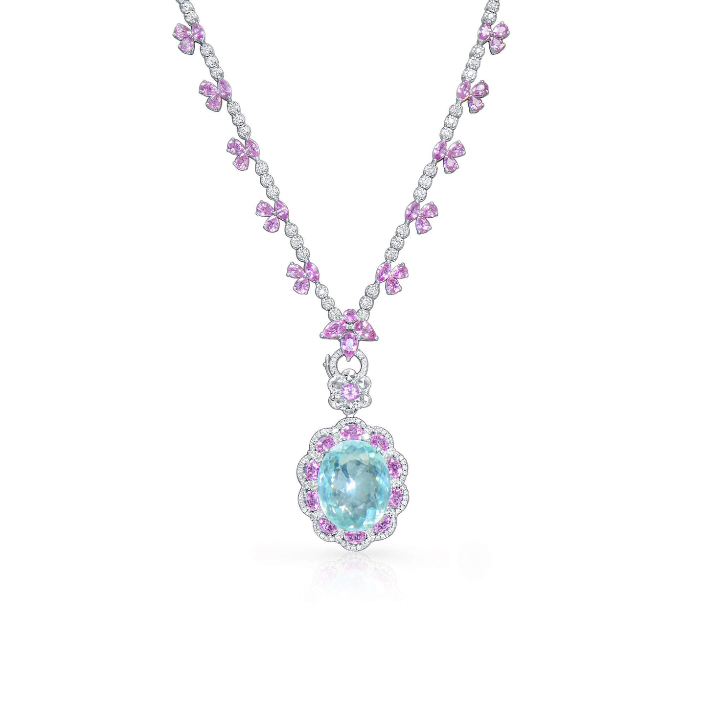 Natural Greenish Blue Paraiba Necklace, 18K White Gold, Oval Shape, 23.96 Ct. TW