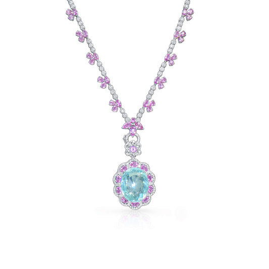 Natural Greenish Blue Paraiba Necklace, 18K White Gold, Oval Shape, 23.96 Ct. TW