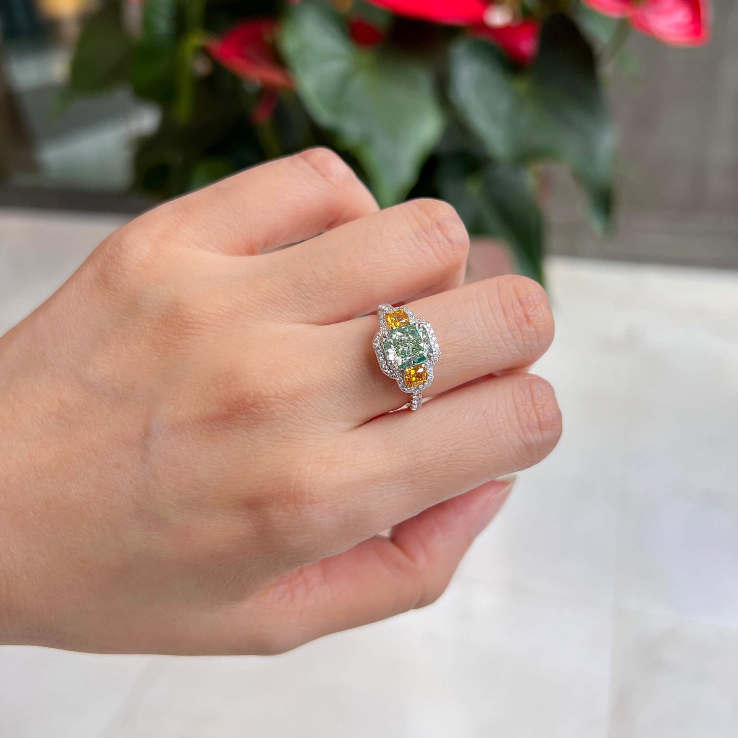 Fancy Grayish Yellowish Green Diamond Ring, 2.98 Ct. TW, Radiant shape, GIA Certified