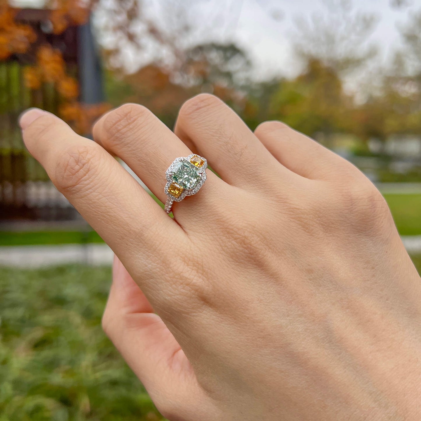 Fancy Grayish Yellowish Green Diamond Ring, 2.98 Ct. TW, Radiant shape, GIA Certified