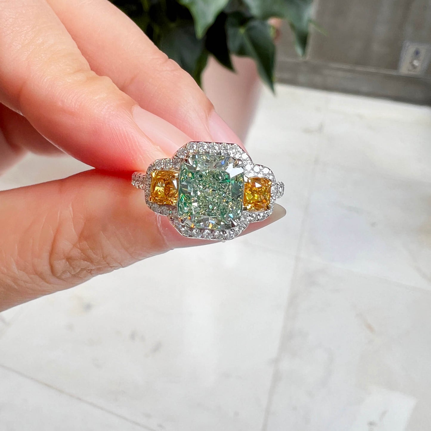 Fancy Grayish Yellowish Green Diamond Ring, 2.98 Ct. TW, Radiant shape, GIA Certified