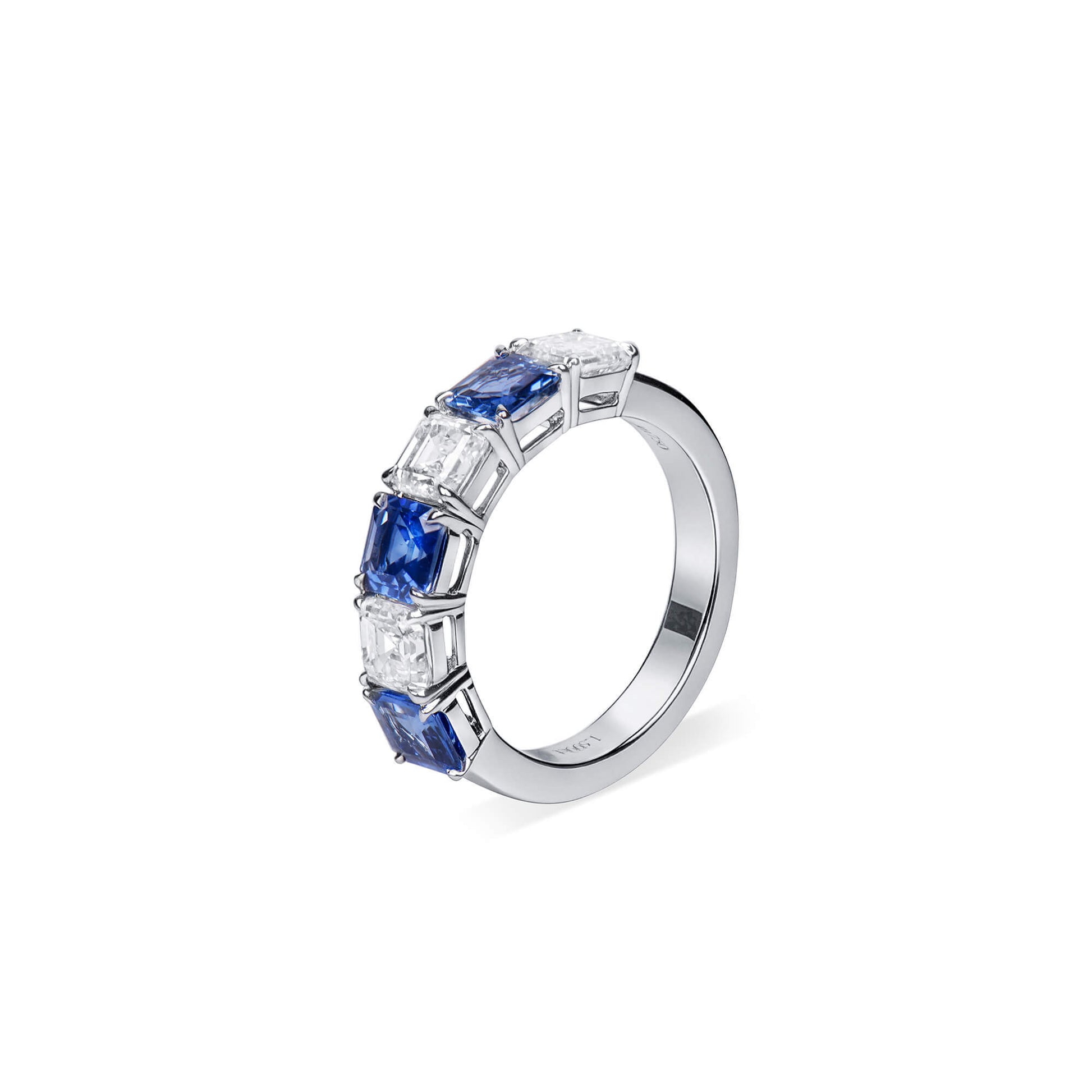 Natural Diamond & Sapphire Half Eternity Ring, 18K White Gold, Asscher Cut, 3.13 Ct. TW