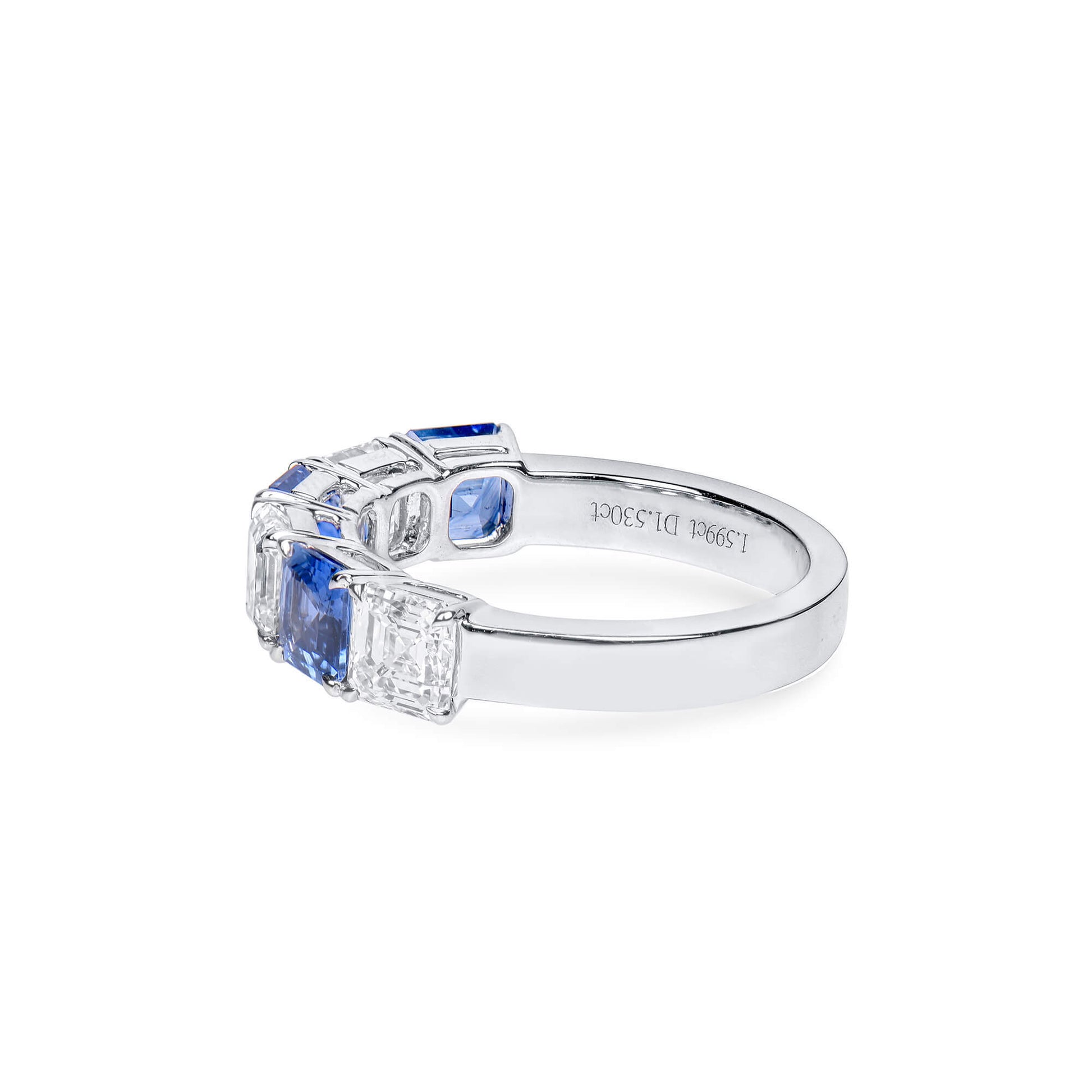 Natural Diamond & Sapphire Half Eternity Ring, 18K White Gold, Asscher Cut, 3.13 Ct. TW