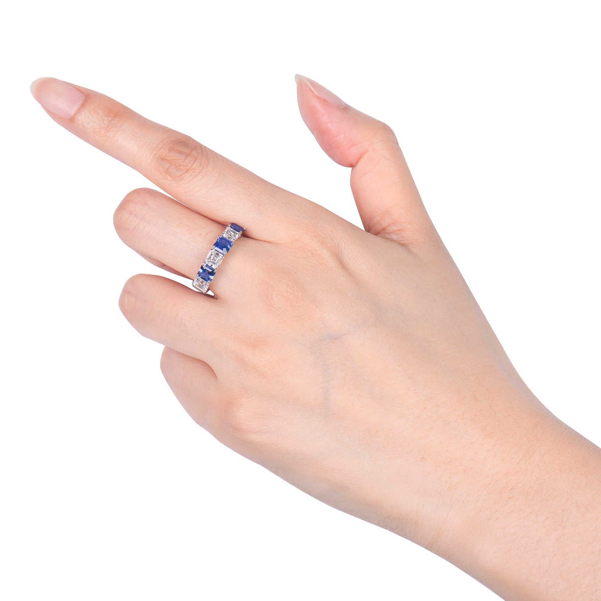 Natural Diamond & Sapphire Half Eternity Ring, 18K White Gold, Asscher Cut, 3.13 Ct. TW