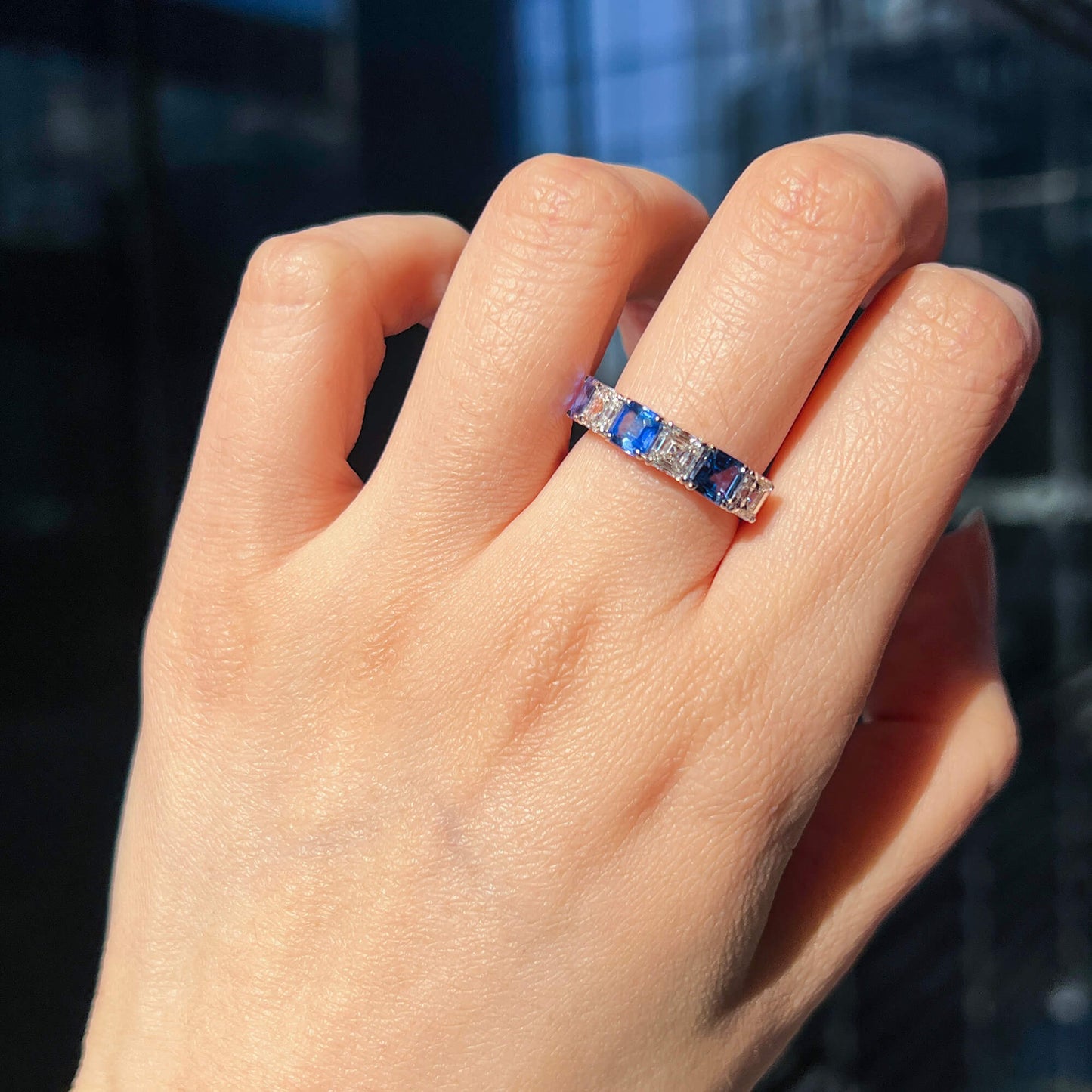 Natural Diamond & Sapphire Half Eternity Ring, 18K White Gold, Asscher Cut, 3.13 Ct. TW