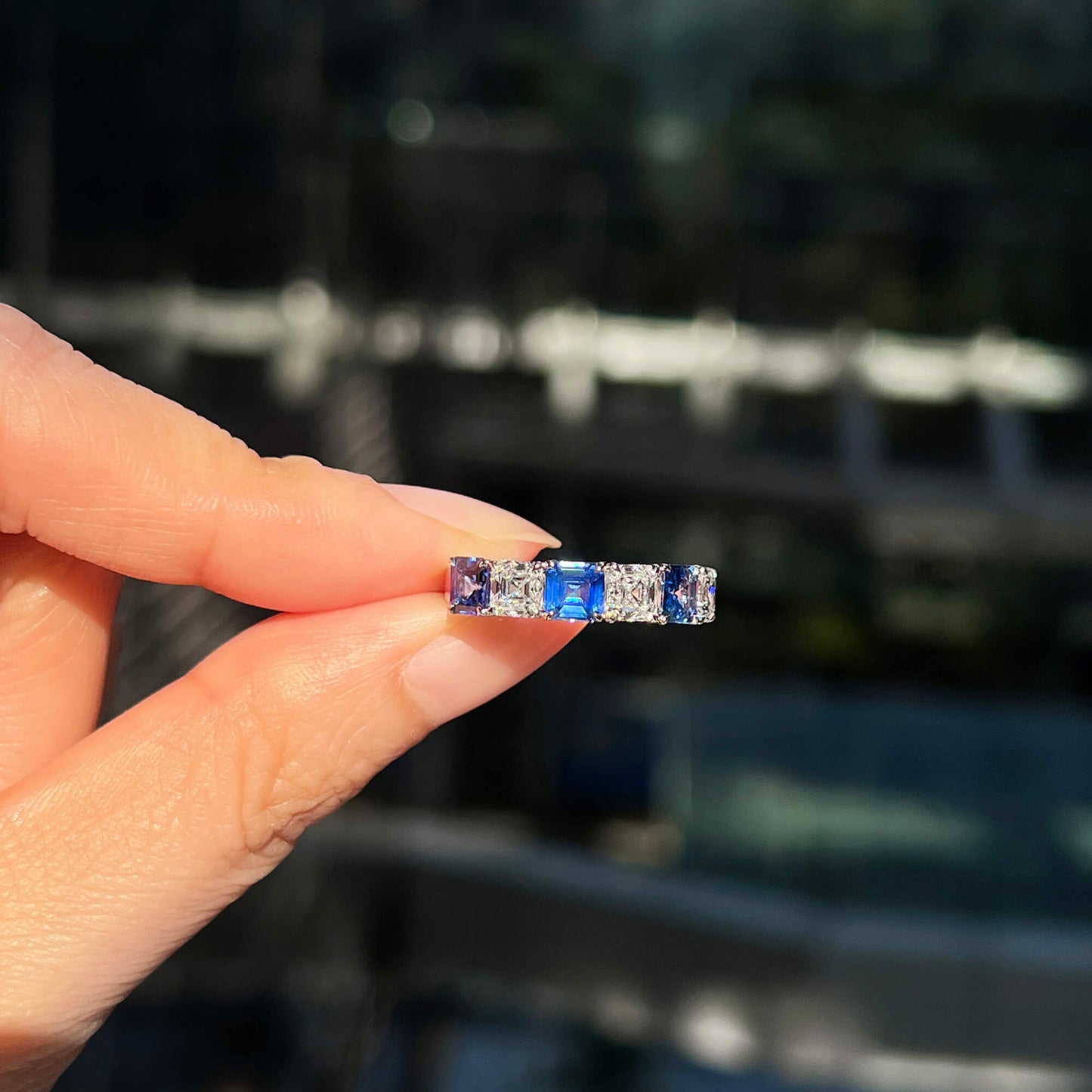 Natural Diamond & Sapphire Half Eternity Ring, 18K White Gold, Asscher Cut, 3.13 Ct. TW