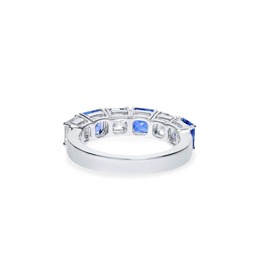 Natural Diamond And Sapphire Half Eternity Ring, 18K White Gold, Asscher Cut, 3.13 Ct. TW