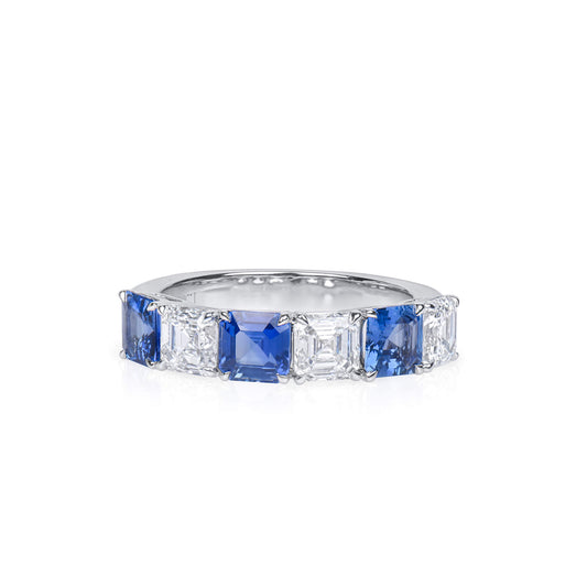 Natural Diamond And Sapphire Half Eternity Ring, 18K White Gold, Asscher Cut, 3.13 Ct. TW
