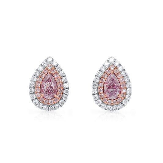 Natural Light Pink Diamond Cluster Earrings, 18K White & Rose Gold, Pear Shape, 1.01 Ct. TW