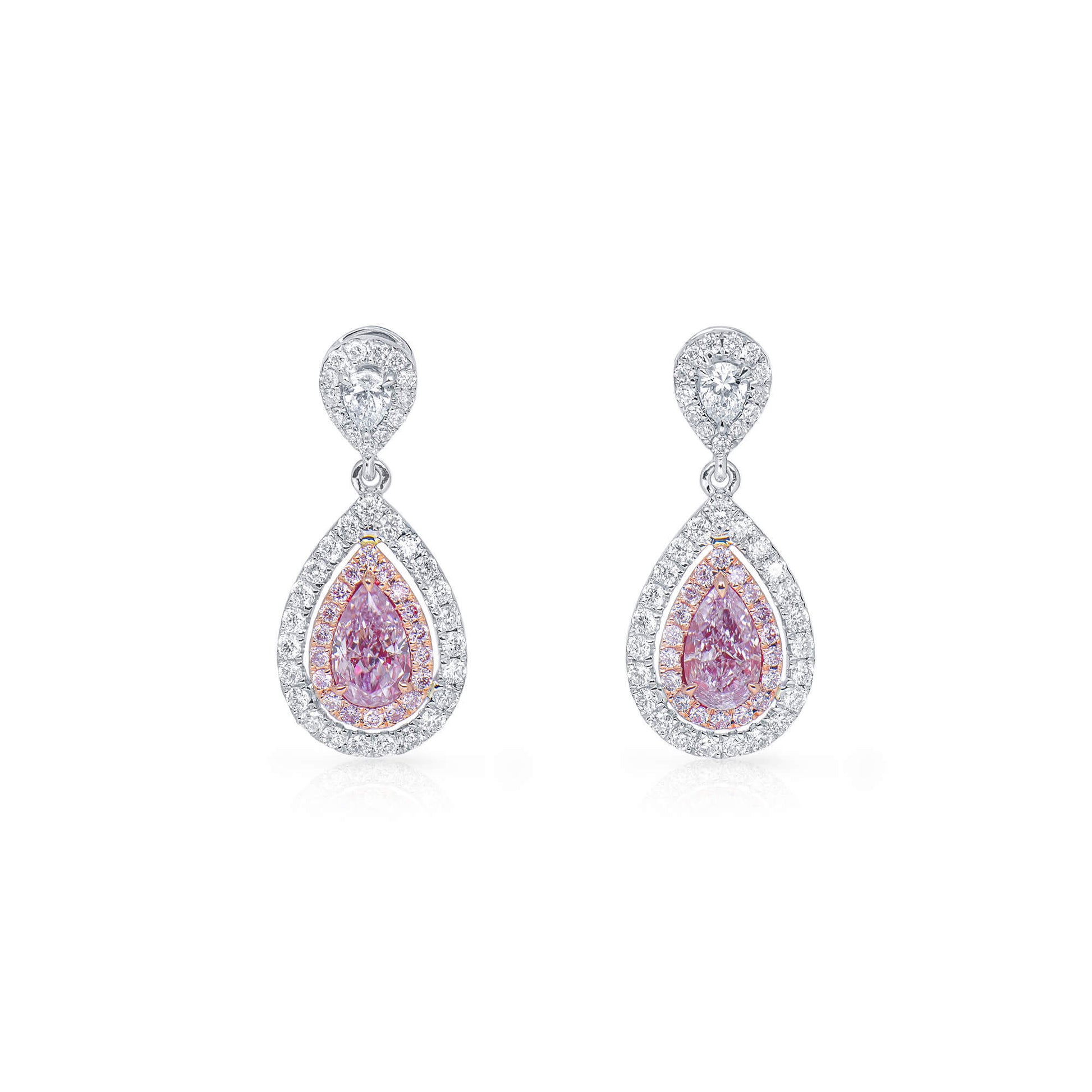 Natural Light Pink Diamond Drop Earrings, 18K White Yellow & Rose Gold, Pear Shape, 1.34 Ct. TW