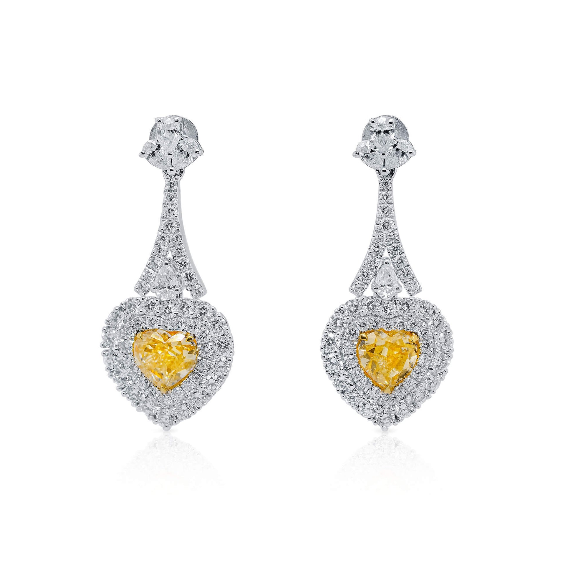 Fancy Yellow Diamond Drop Earrings, 3.27 Ct. TW, Heart shape